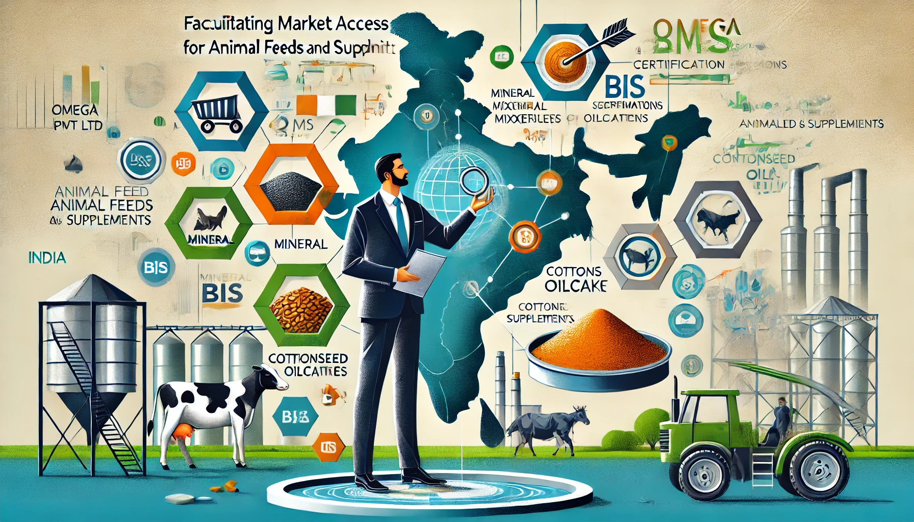 DALL·E 2025 01 10 15.16.52 A Dynamic Corporate Illustration Emphasizing Facilitating Market Access To India For Animal Feeds And Supplements. The Composition Includes A Consul